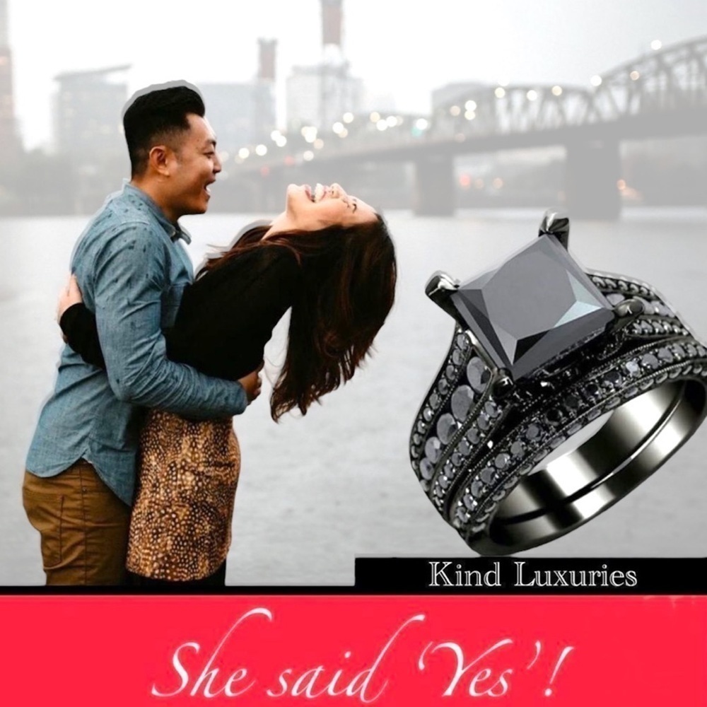 💎160💎 NEW Princess Cut Black‎ Sapphire 925 Silver Wedding Engagement Ring